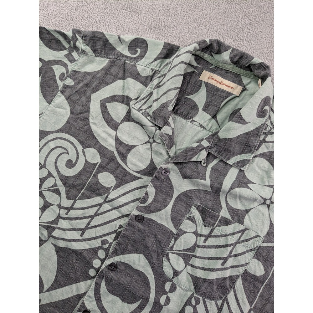 Tommy Bahama Men Large Silk Camp Shirt Short Sleeve Abstract Floral Sage Grey